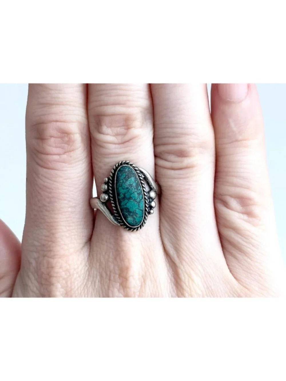 Green Turquoise Beaded Southwest Style Sterling Silver 925 Vintage Ring sz 7.5